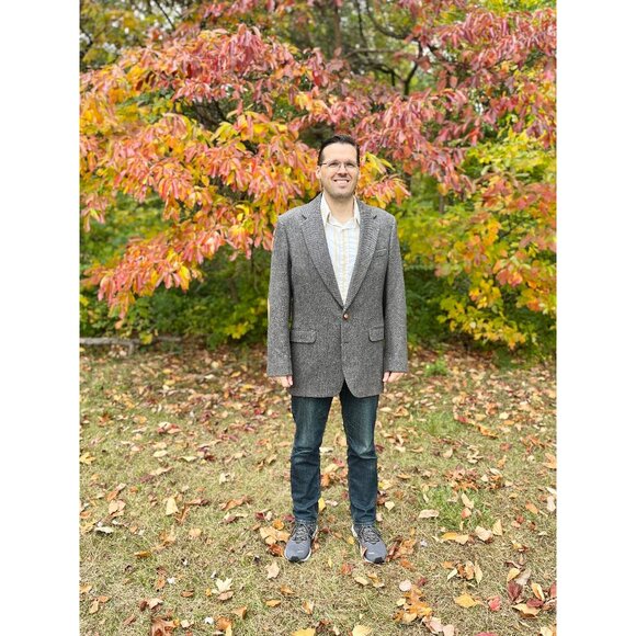 Vintage men's gray wool blazer with elbow patches 46L - Picture 1 of 9